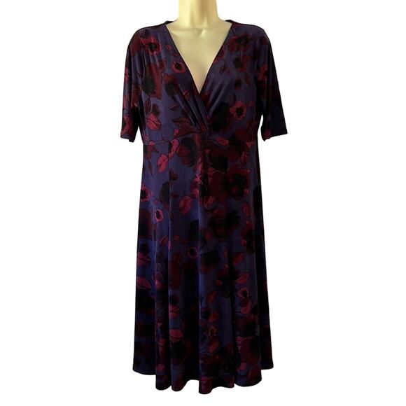 George Purple Floral Print Knit Dress Woman Size Large 12/14 Surplice Full Skirt - Picture 1 of 10